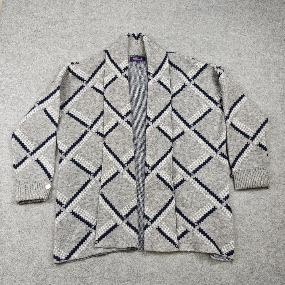 JOSEPH A Cardigan Womens Large Gray Argyle Open Collared Tight-Knit Relaxed